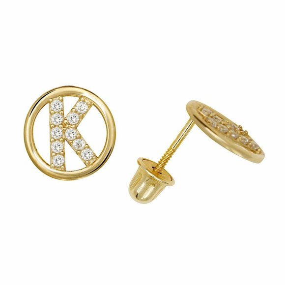14K Solid Yellow Gold 8mm Letter Initial Halo CZ Stud Alphabet Earrings - Picture 12 of 15